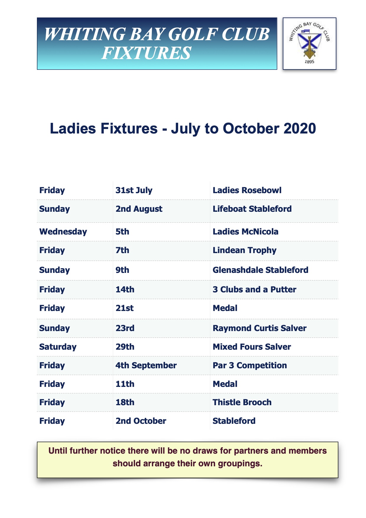 Ladies Summer Fixtures Whiting Bay Golf Club