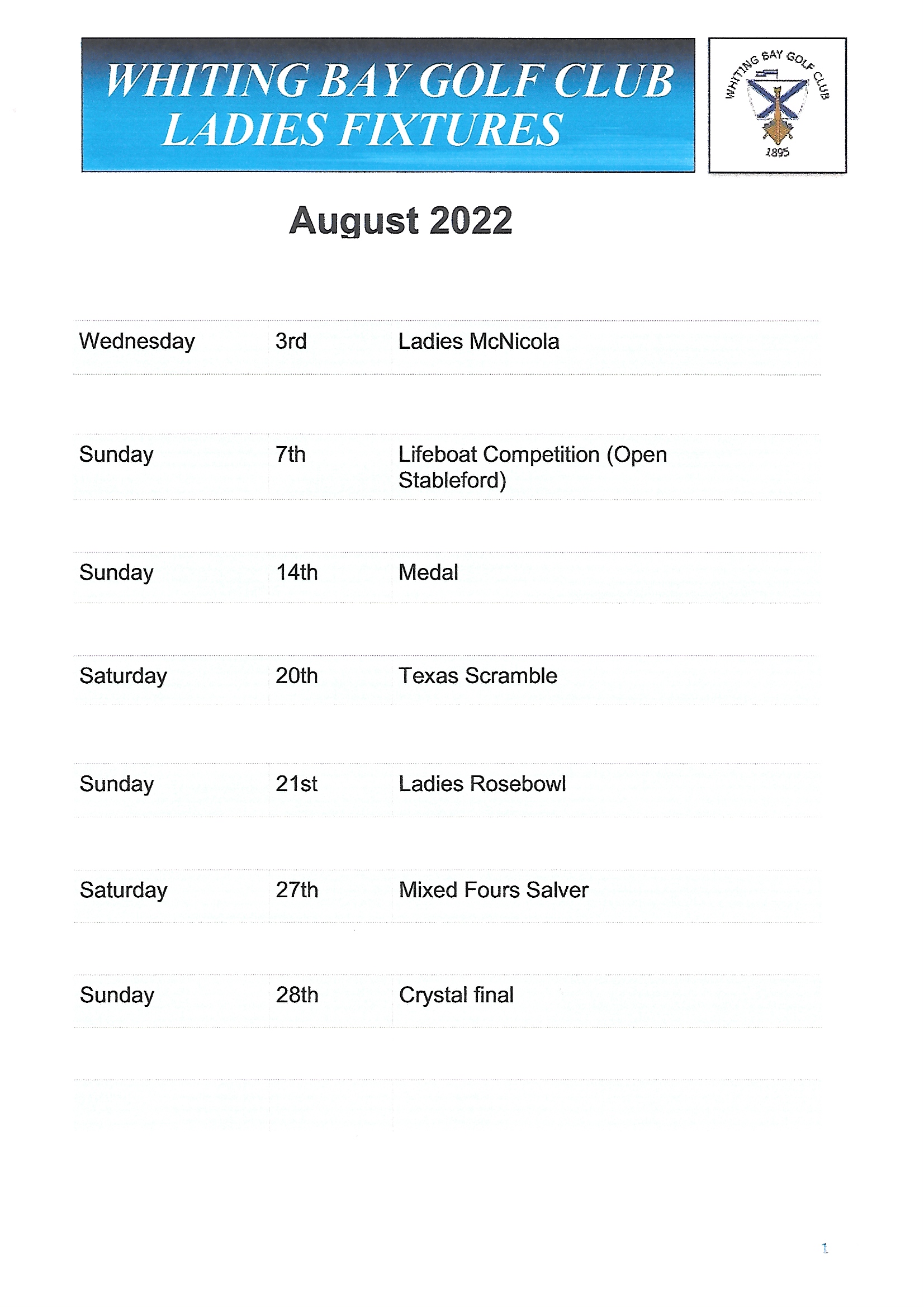 Ladies August 2022 Fixtures Whiting Bay Golf Club